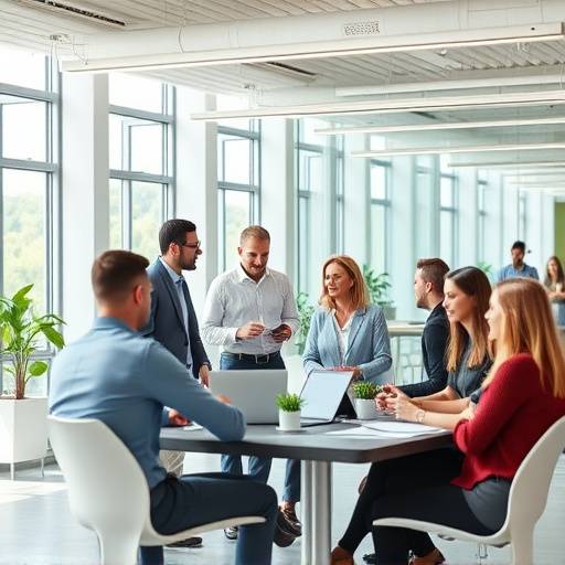 Grupo diverso de profesionales trabajando colaborativamente en una oficina moderna.