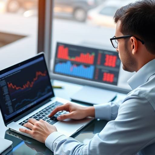 Un consultor financiero analizando datos en una computadora port&aacute;til, con gr&aacute;ficos y n&uuml;meros en la pantalla