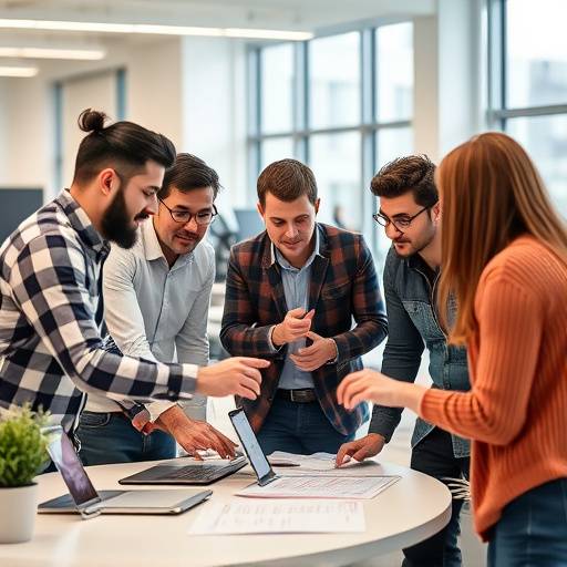 Un equipo colaborando en un proyecto, representando el desarrollo de equipos de alto rendimiento.